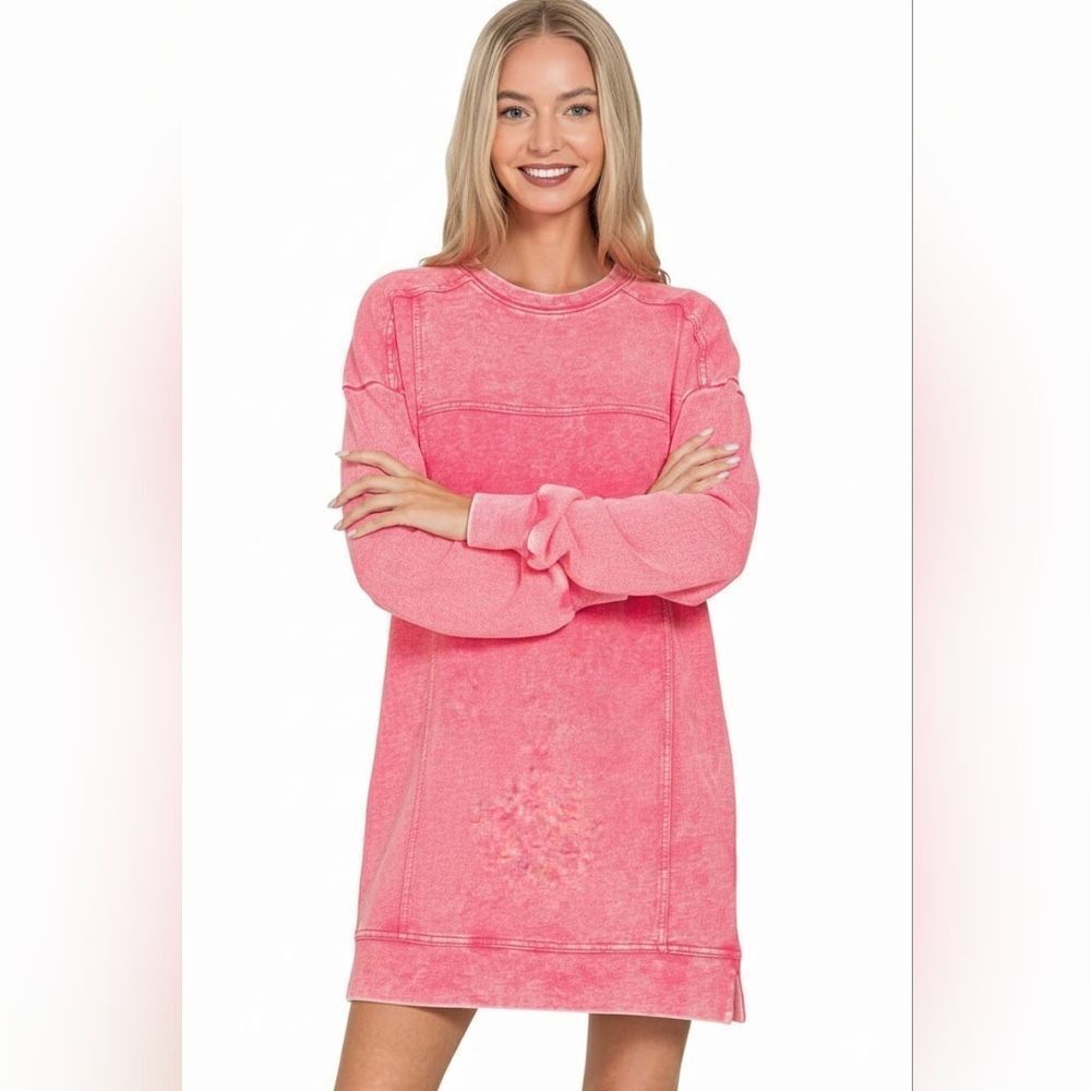 Zenana French Terry Acid Washed Pink Sweatshirt Dress with Pockets